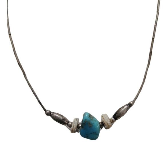 1970s Sterling Silver Liquid + Shell Beads + Turquoise Stone Necklace [Vintage] - Picture 3 of 5